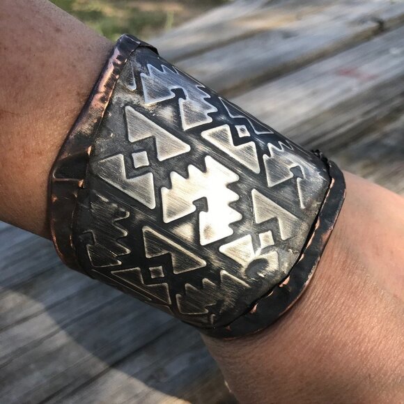 Aztec Sterling Silver 925 Southwestern Copper Cuff Unisex Wide Western Bracelet - Picture 1 of 10